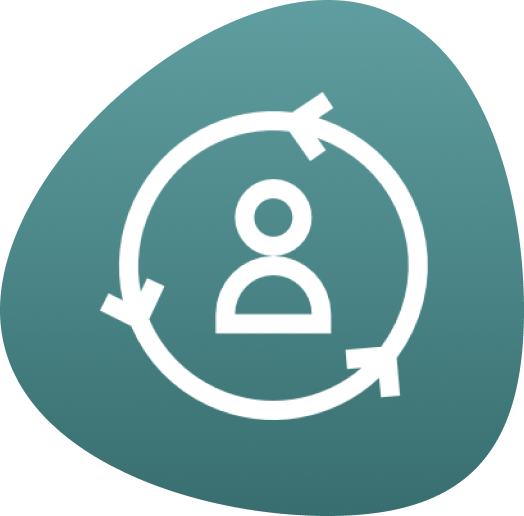 Icon of a person inside a circle with arrows, on a teal abstract background.